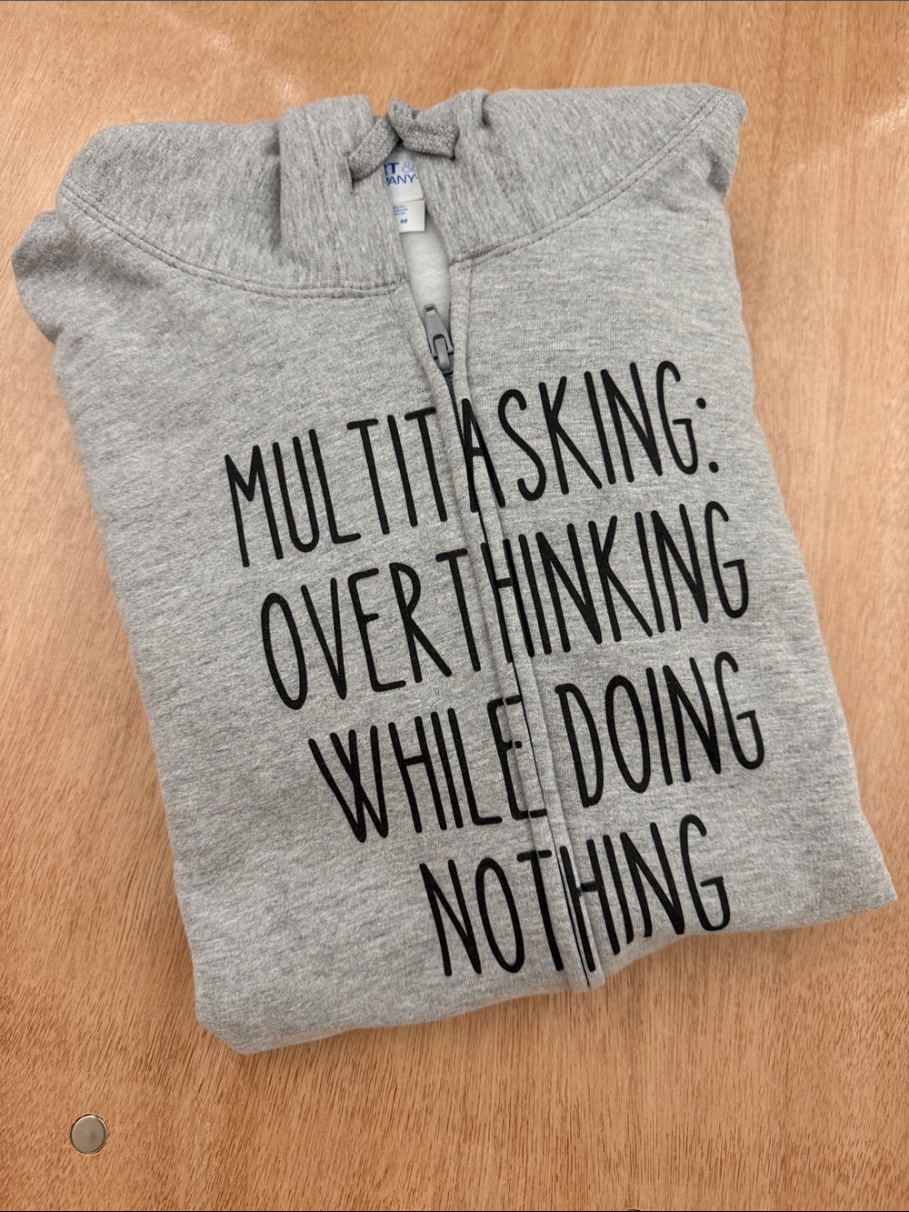 NWT Port and Company Heather Gray Zip Hoodie with Black Text “Multitasking'